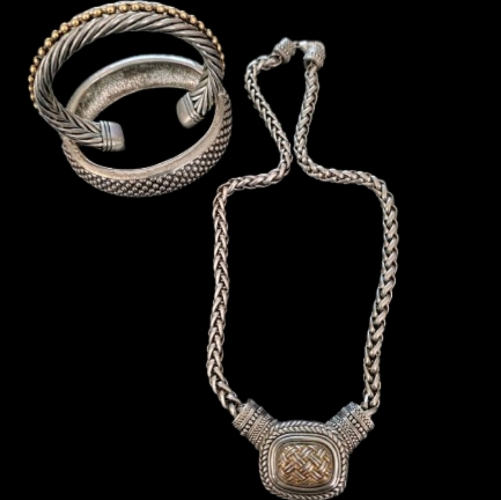 π£ Vintage Set Cable Cut Bold Silver/Gold Tone Cuff 1 Necklace & Bracelets x3 π - Picture 6 of 13